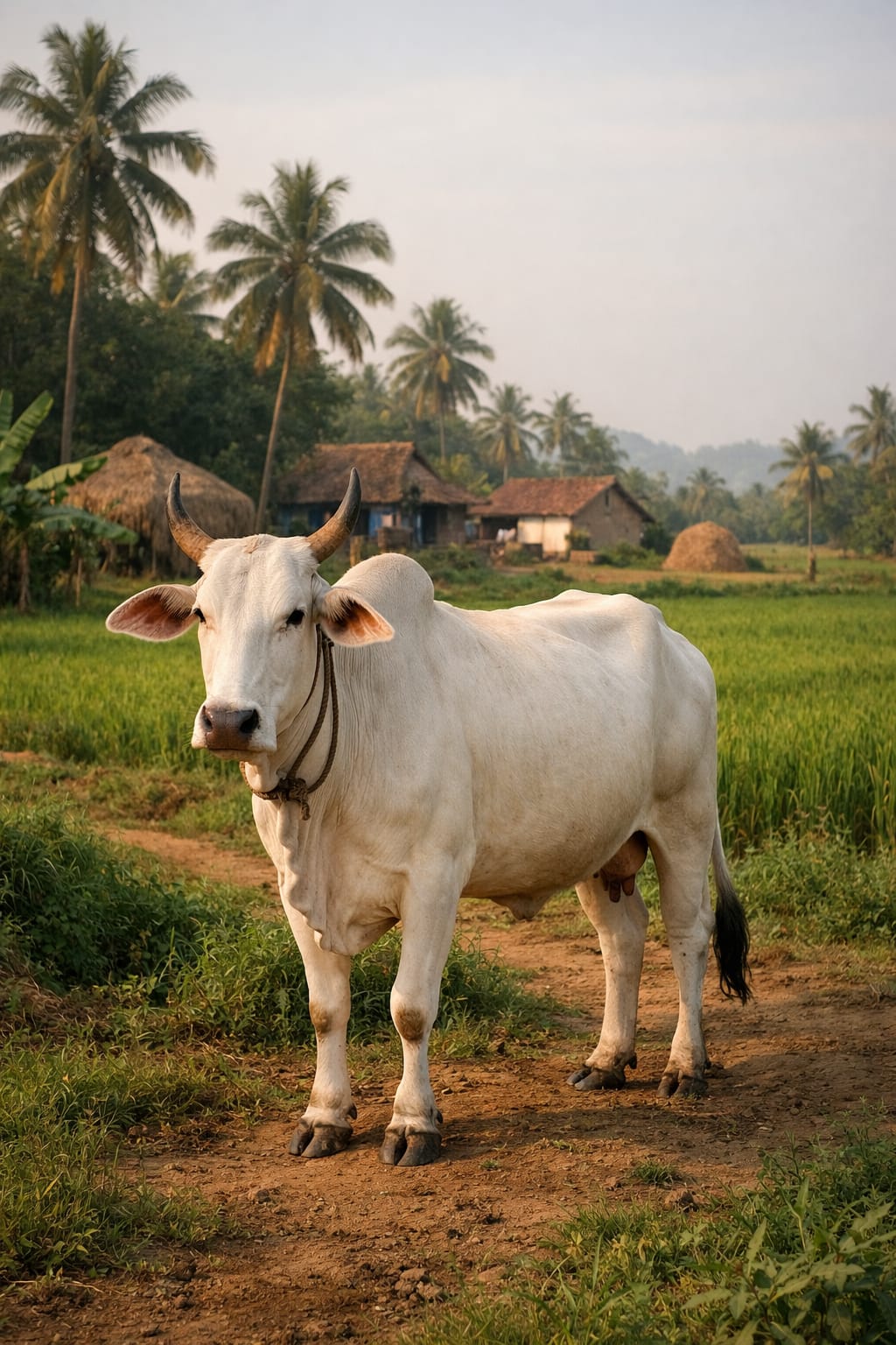 Native Indian cow in green farmland